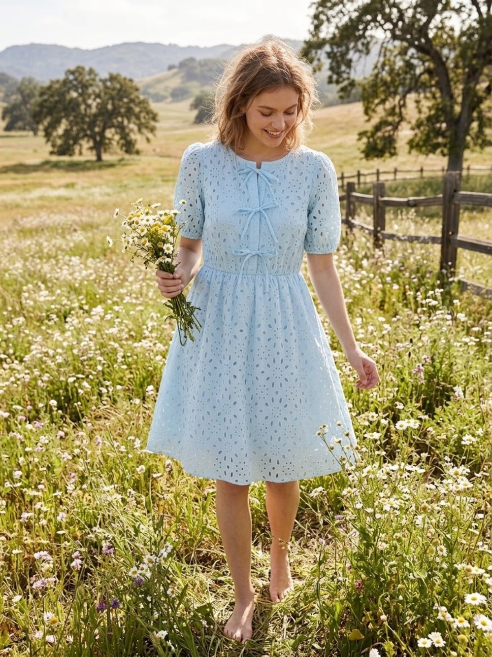 Light Blue Eyelet Midi Dress with Tie-Front Detail